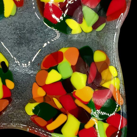 Fused Glass Trinket Dish Catchall Tray Square Red Orange Yellow Green MCM Style - Picture 6 of 12